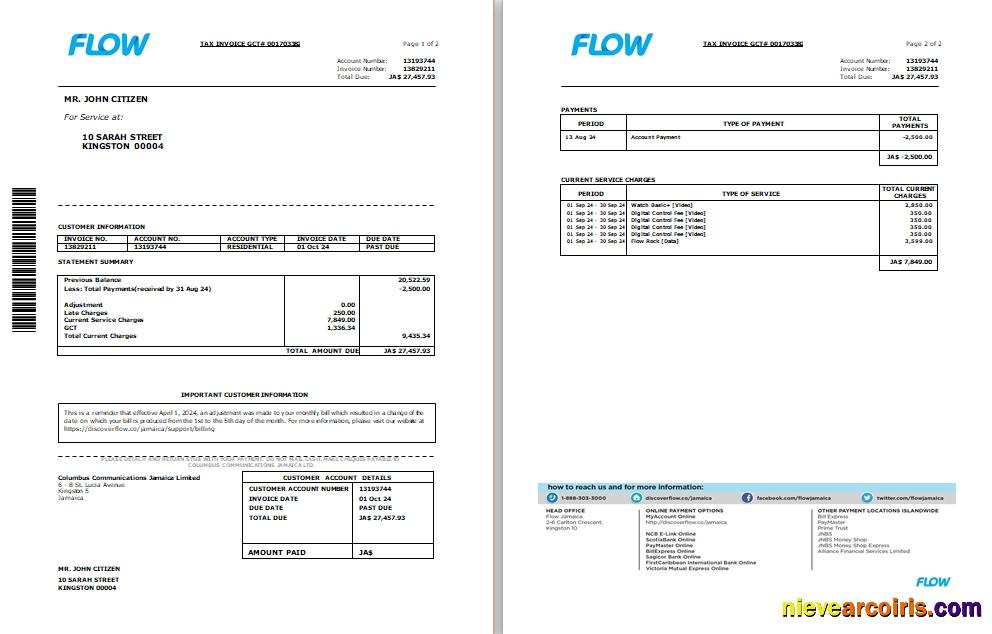 Jamaica Flow tax invoice cable and internet bill, 2 pages SCR